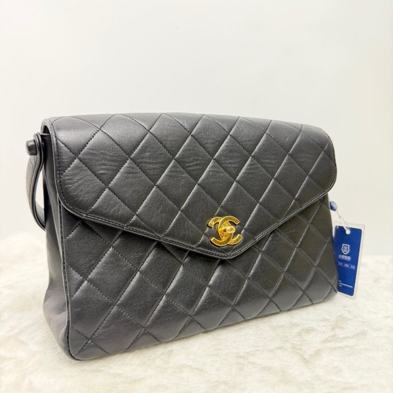 香奈兒/Chanel 經典黑金菱格紋手提包 黑色小牛皮搭配金色雙C金屬扣-3