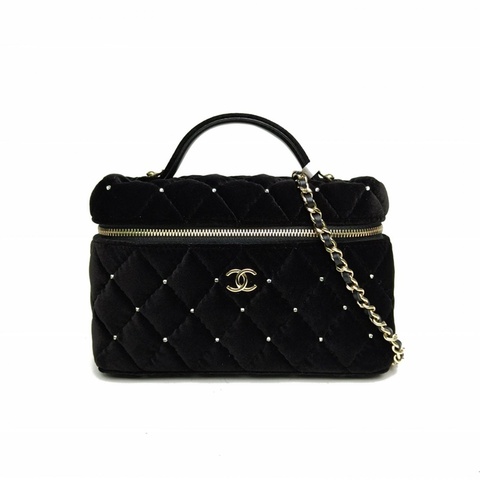 CHANEL 黑色絲絨鐳射標淺金扣25K水鑽Lp盒子包