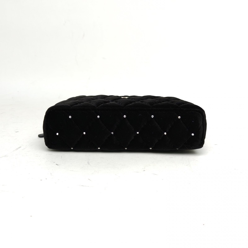 CHANEL 黑色絲絨鐳射標淺金扣25K水鑽Lp盒子包-3