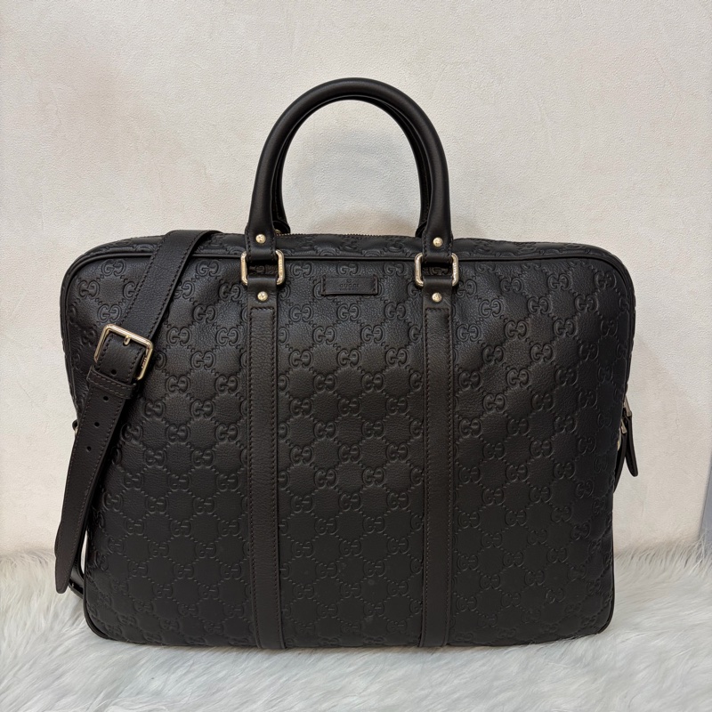 GUCCI 208468 深咖 金釦 牛皮 壓紋 公事包 手提包 電腦包-0