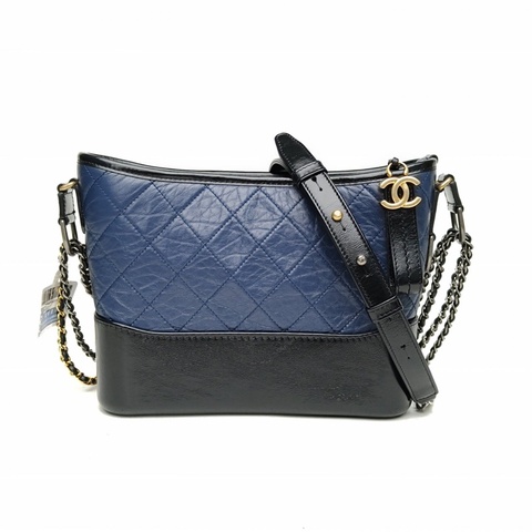CHANEL GABRIELLE流浪新中號墨藍色牛皮30開金銀扣