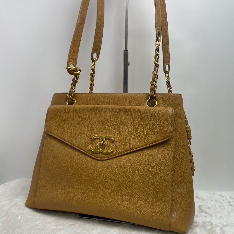 香奈兒/Chanel 奶粉包中古款奶茶色 焦糖色荔枝皮 配有可拆卸鏈條+皮質肩帶-3