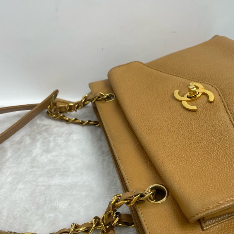 香奈兒/Chanel 奶粉包中古款奶茶色 焦糖色荔枝皮 配有可拆卸鏈條+皮質肩帶-9