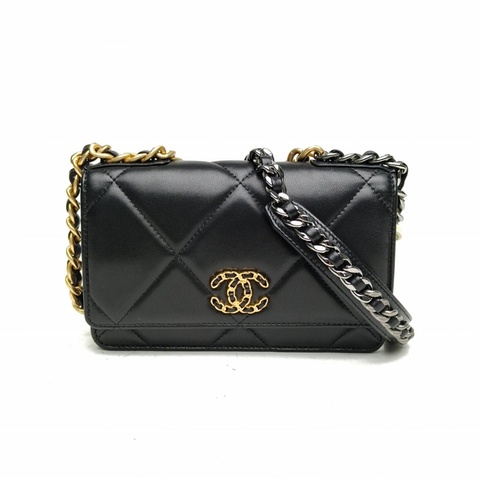 CHANEL 19BAG吸扣WOC19cm黑色羊皮晶片開金銀扣