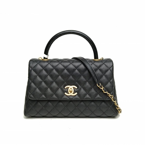 CHANEL CocoHandle中號黑色荔枝牛皮27開金扣