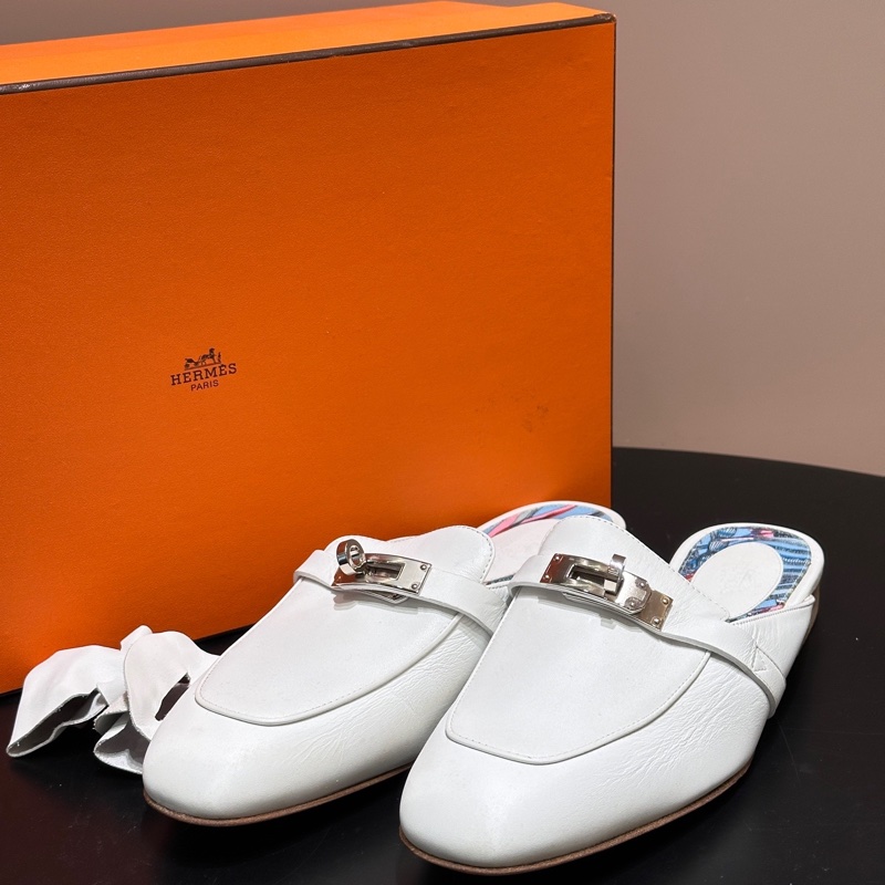 Hermes/愛馬仕 Oz kelly白色拖鞋 穆勒鞋 半拖 銀扣 專櫃一直漲價的款-0