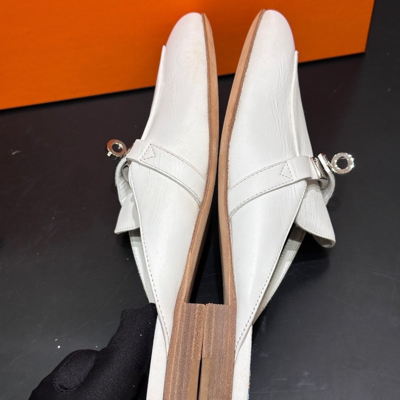 Hermes/愛馬仕 Oz kelly白色拖鞋 穆勒鞋 半拖 銀扣 專櫃一直漲價的款-5