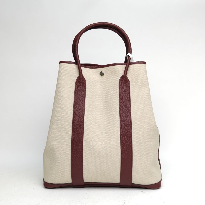 HERMES 冰川白拼波爾多紅帆布Y刻銀扣Gardenfile豎版花園包p222222-2