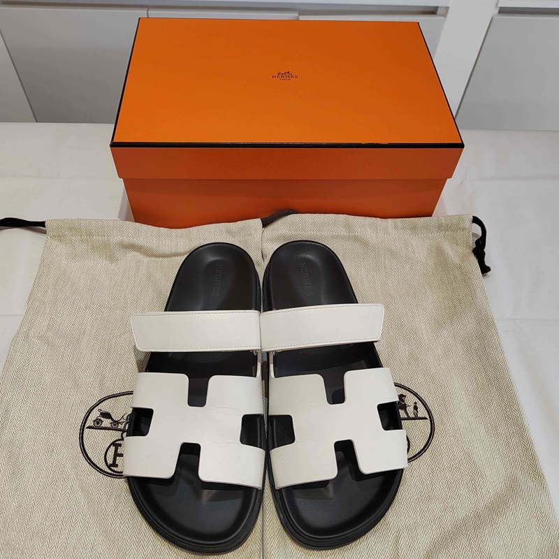 HERMES愛馬仕 Chypre 平底 一字拖鞋 女款 白色 二舅鞋-0