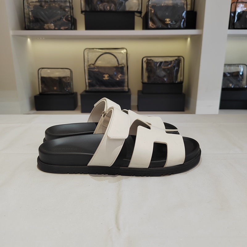 HERMES愛馬仕 Chypre 平底 一字拖鞋 女款 白色 二舅鞋-3