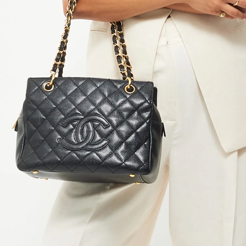 Chanel 黑金荔枝牛皮單肩鏈條手提包/肩背包-0