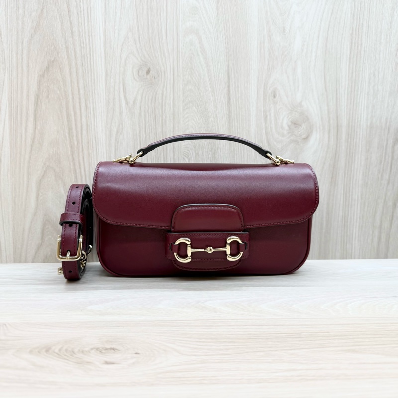 GUCCI安可拉紅牛皮淡金釦Horsebit 1955手提側背包815206-1