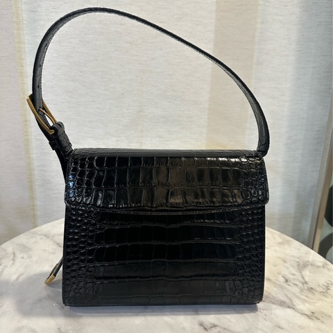 Balenciaga 黑牛皮鱷魚壓紋霧金釦下蓋肩背包