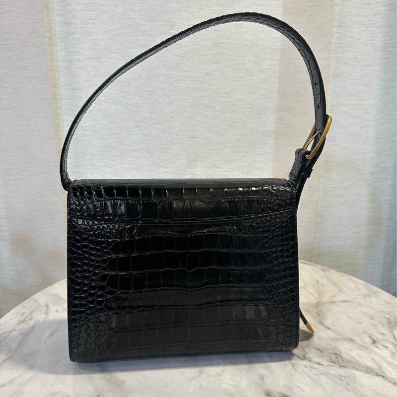 Balenciaga 黑牛皮鱷魚壓紋霧金釦下蓋肩背包-1