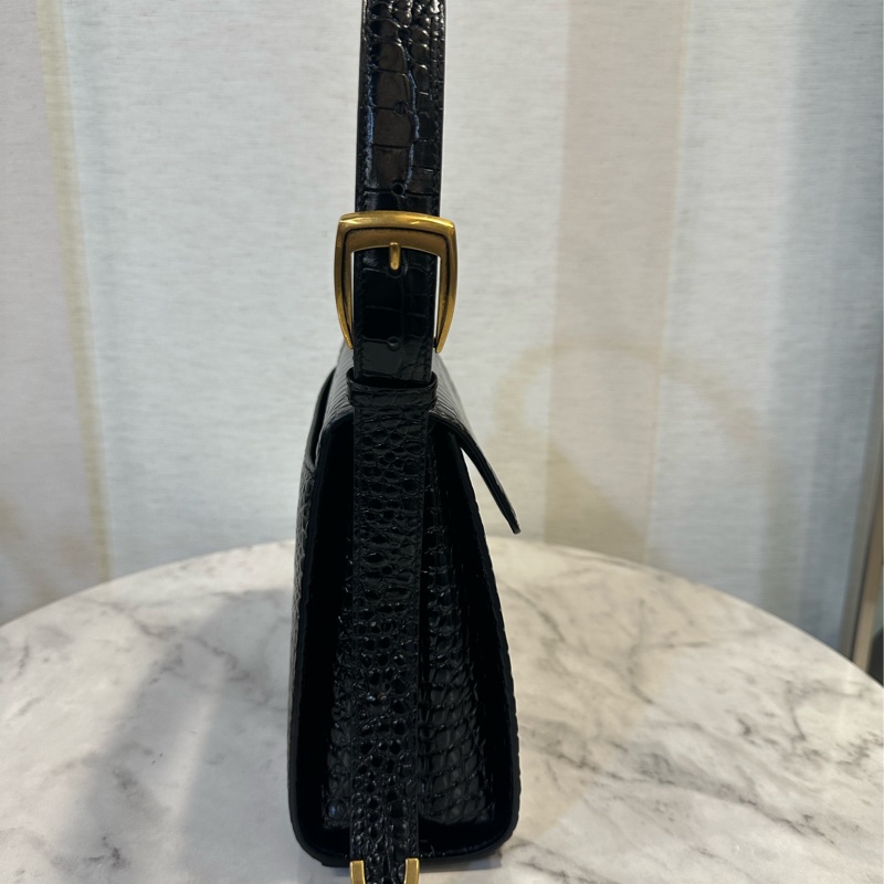 Balenciaga 黑牛皮鱷魚壓紋霧金釦下蓋肩背包-2