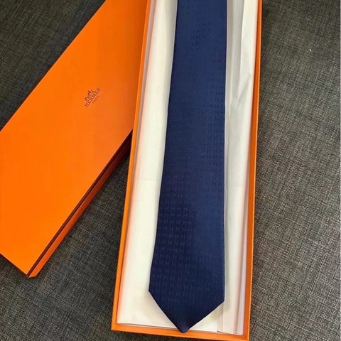 HERMES暗藍色Faconnee真絲H領帶