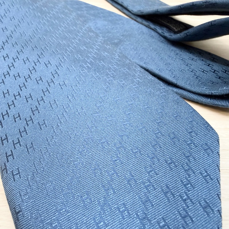 HERMES暗藍色Faconnee真絲H領帶-4