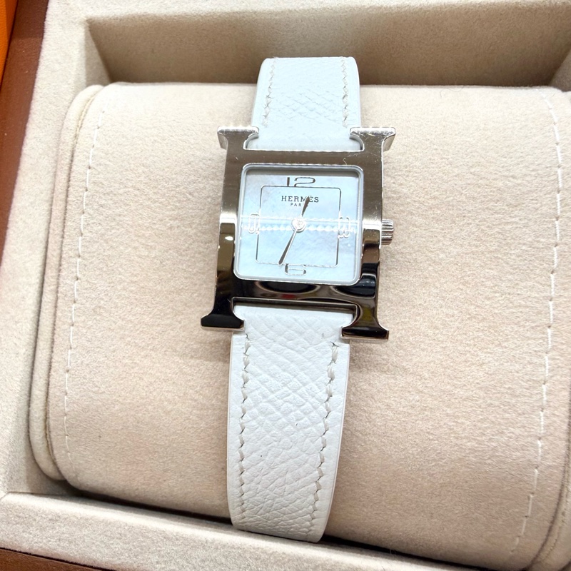 HERMES銀色錶框拼白牛皮錶帶Heure H小型25mm腕錶-4