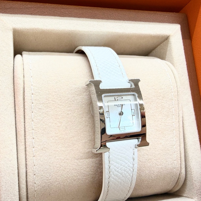 HERMES銀色錶框拼白牛皮錶帶Heure H小型25mm腕錶-5