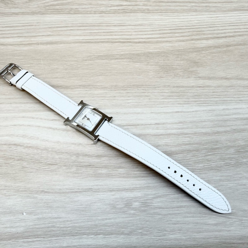 HERMES銀色錶框拼白牛皮錶帶Heure H小型25mm腕錶-6