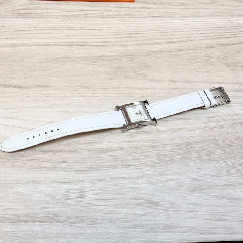 HERMES銀色錶框拼白牛皮錶帶Heure H小型25mm腕錶-7