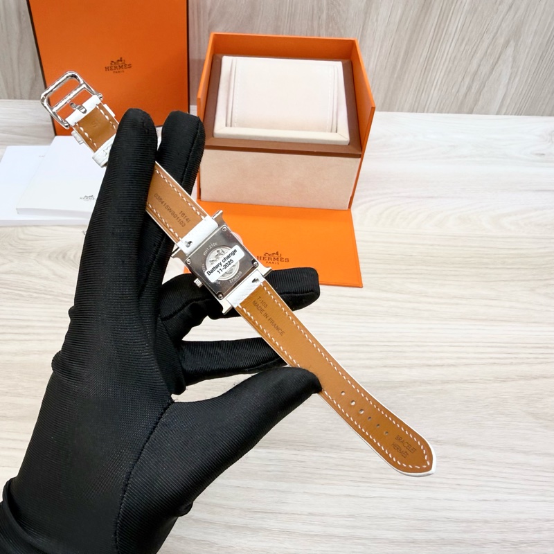 HERMES銀色錶框拼白牛皮錶帶Heure H小型25mm腕錶-8