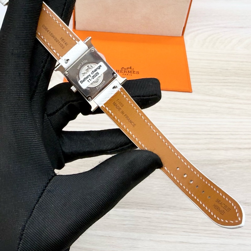 HERMES銀色錶框拼白牛皮錶帶Heure H小型25mm腕錶-14