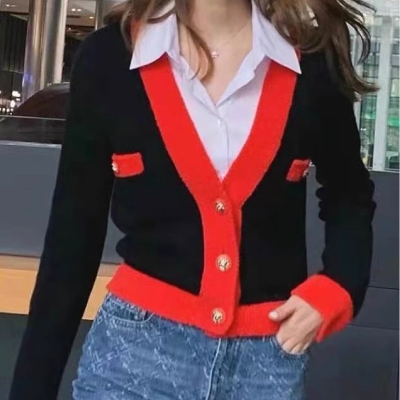 CHANEL黑紅撞色針織開衫-2