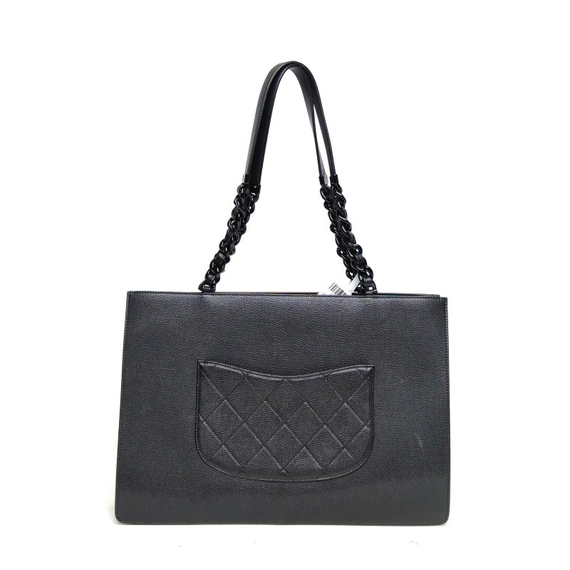 CHANEL 黑色荔枝牛皮30開黑扣手提亞克力皮穿鏈托特包soblack肩背包-2