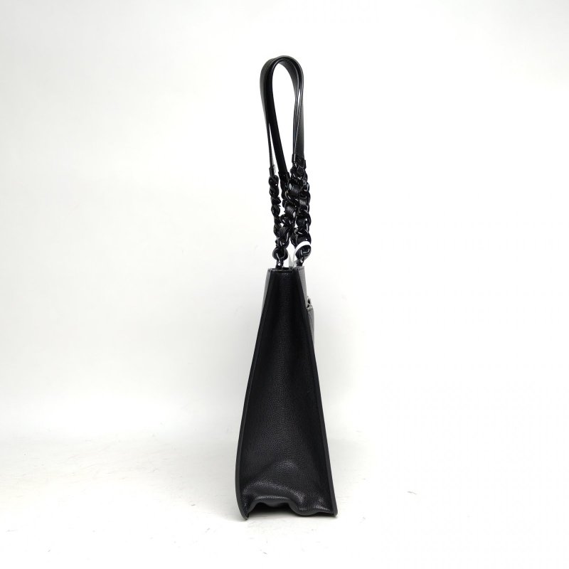 CHANEL 黑色荔枝牛皮30開黑扣手提亞克力皮穿鏈托特包soblack肩背包-3