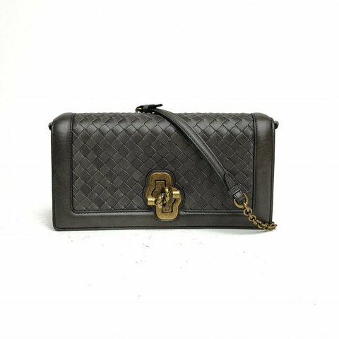 BOTTEGA VENETA 深灰羊皮編織鈕結鏈條包肩背包