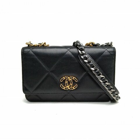 CHANEL 19BAG吸扣WOC19黑色羊皮29開金銀扣肩背包