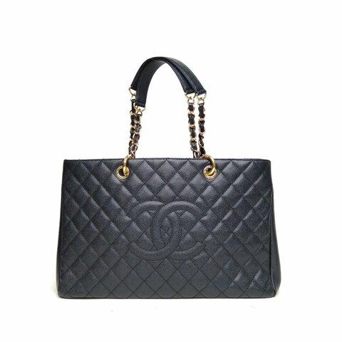 CHANEL GST購物袋大號黑色荔枝牛皮16開金扣肩背包