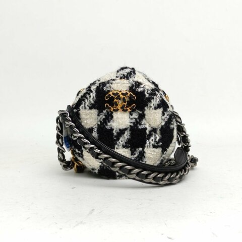 CHANEL 19BAG小圓餅包子母包黑白千鳥格毛呢28開金銀扣肩背包