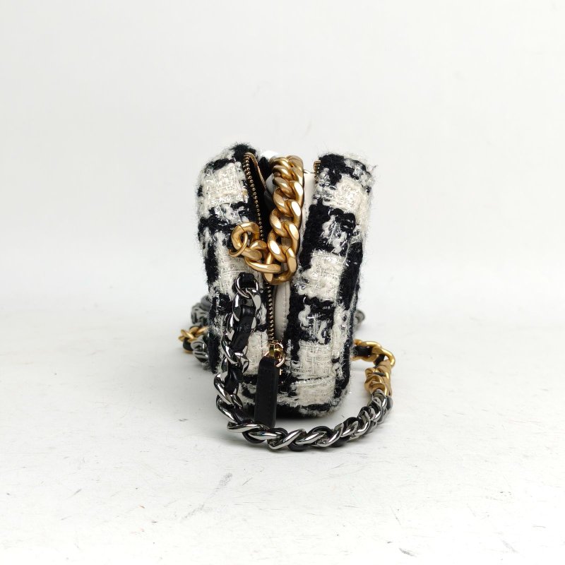 CHANEL 19BAG小圓餅包子母包黑白千鳥格毛呢28開金銀扣肩背包-1