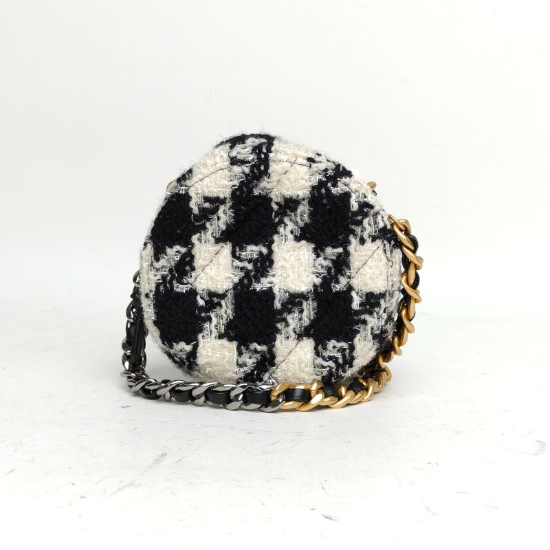 CHANEL 19BAG小圓餅包子母包黑白千鳥格毛呢28開金銀扣肩背包-2