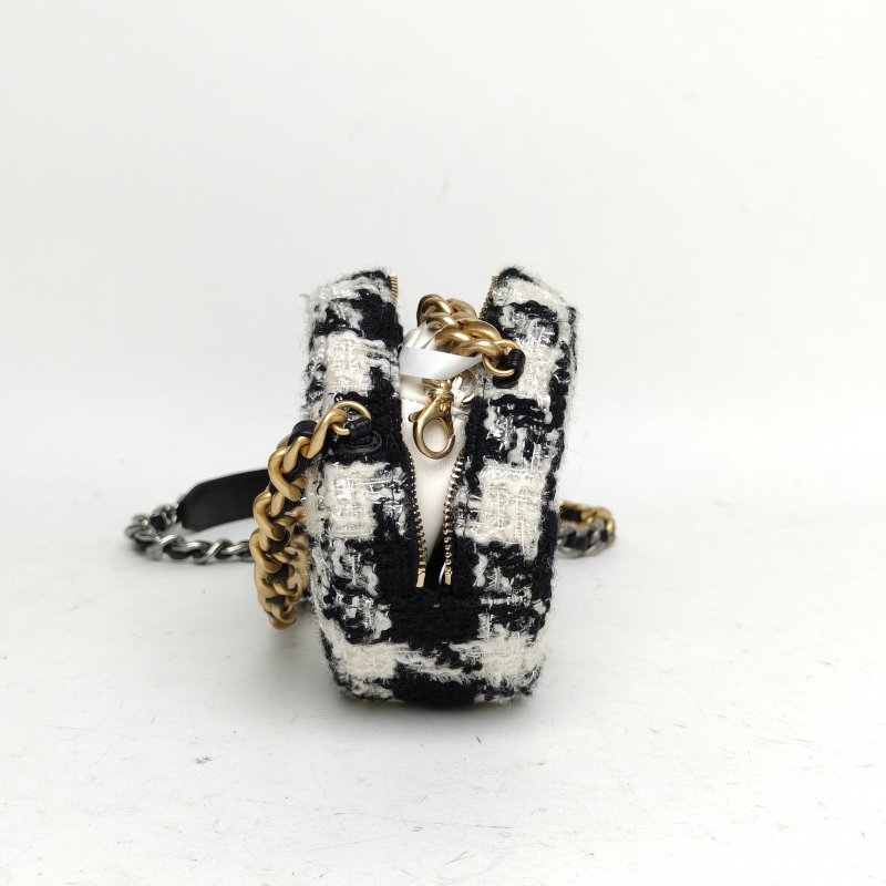 CHANEL 19BAG小圓餅包子母包黑白千鳥格毛呢28開金銀扣肩背包-3