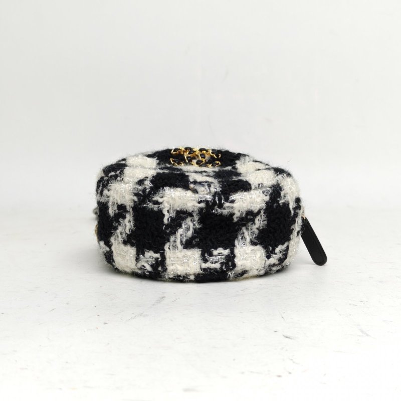 CHANEL 19BAG小圓餅包子母包黑白千鳥格毛呢28開金銀扣肩背包-4