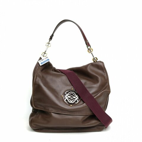 LOEWE 深巧克力色羊皮雕花翻蓋手提包肩背包