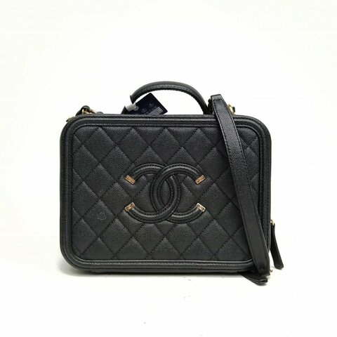 CHANEL VanityCase相機包橫版中號黑色荔枝牛皮28開金扣肩背包