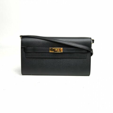 HERMES KellyLongToGo黑色Epsom皮U刻金扣肩背包