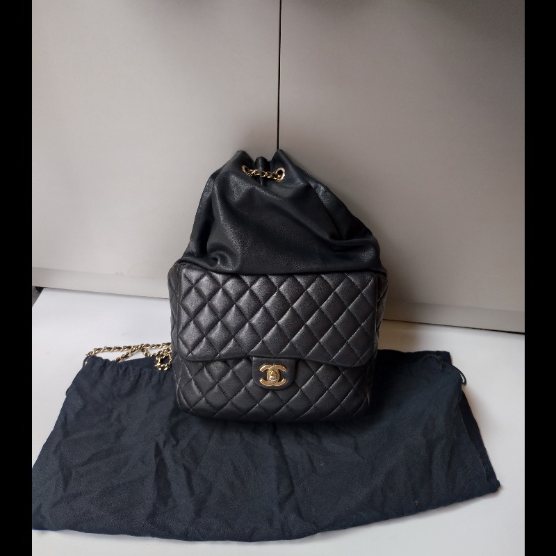 Chanel金鍊雙帶直式黑皮革後背包-2
