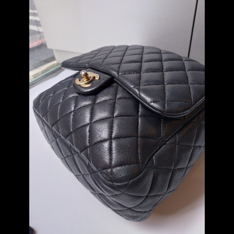 Chanel金鍊雙帶直式黑皮革後背包-6