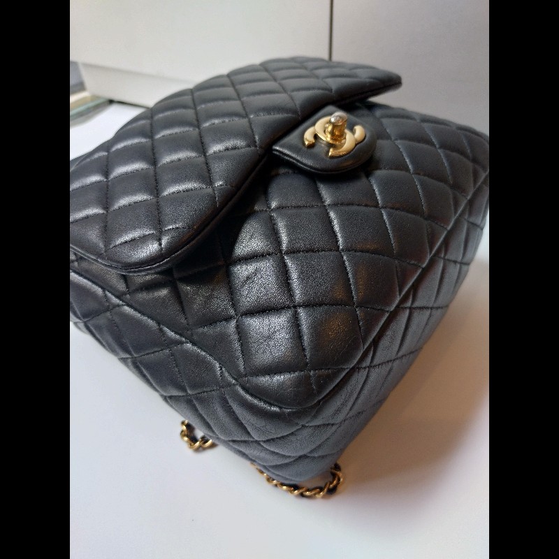 Chanel金鍊雙帶直式黑皮革後背包-9