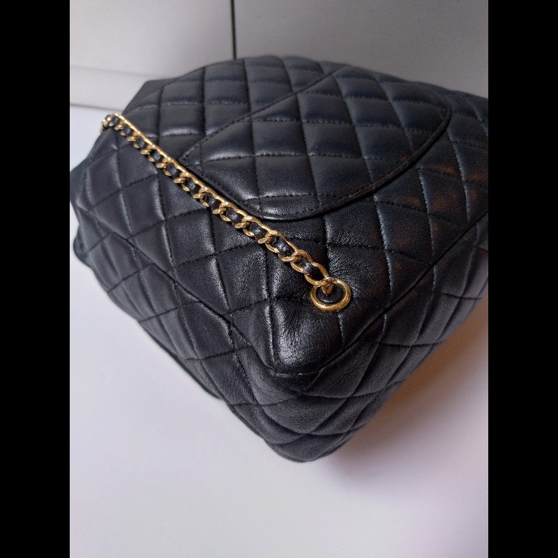 Chanel金鍊雙帶直式黑皮革後背包-13