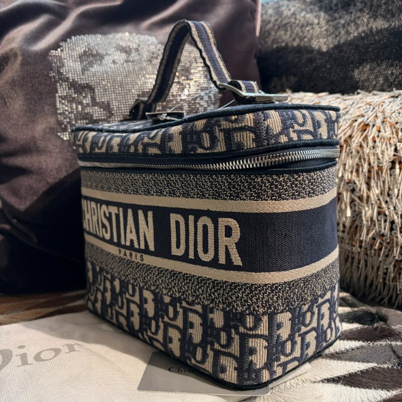 DIOR 緹花手提化妝包 藍色-3