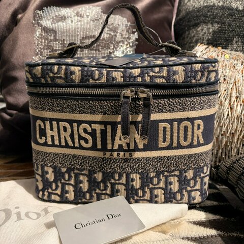 DIOR 緹花手提化妝包 藍色