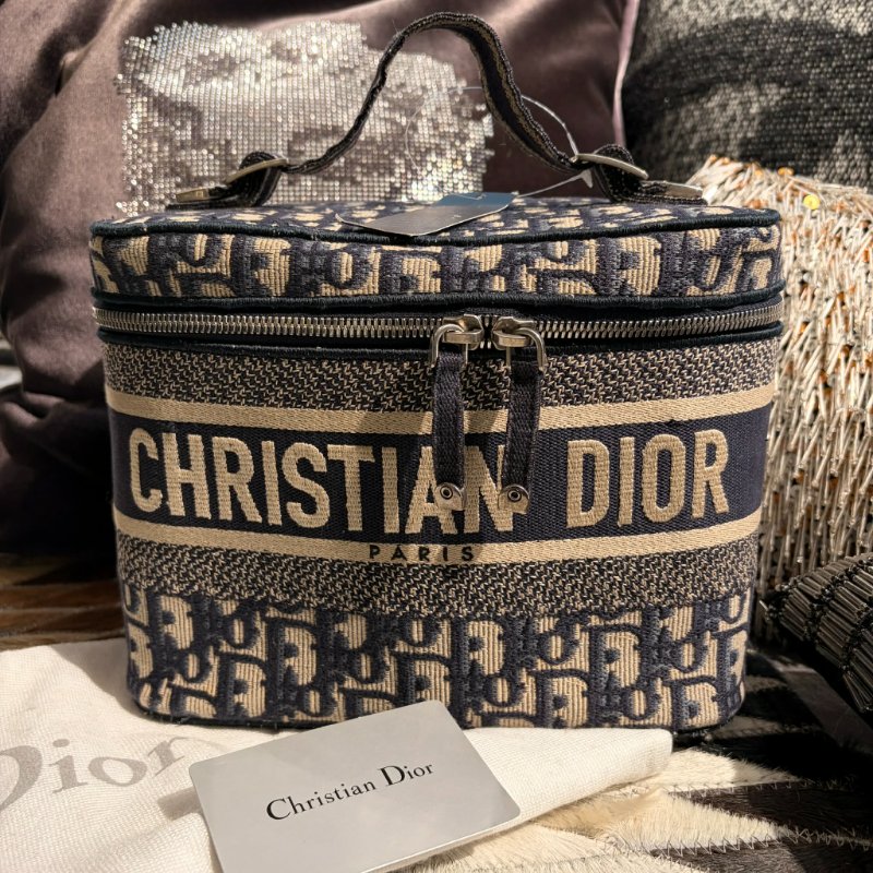 DIOR 緹花手提化妝包 藍色-0