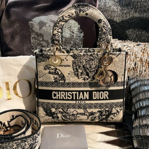DIOR LADY黑白刺繡黛妃包 中號
