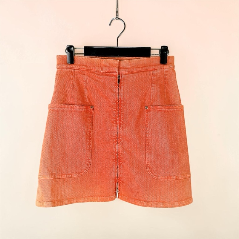 莉亞精品♡Chanel 牛仔拉鍊短裙 粉橘38 二手-0